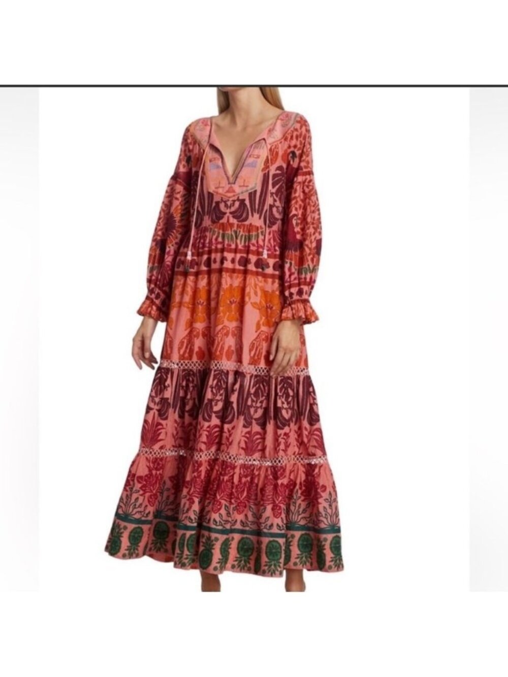 FARM RIO Ainika Printed Tiered Maxi Dress Macaws Tropical Boho Beach Large